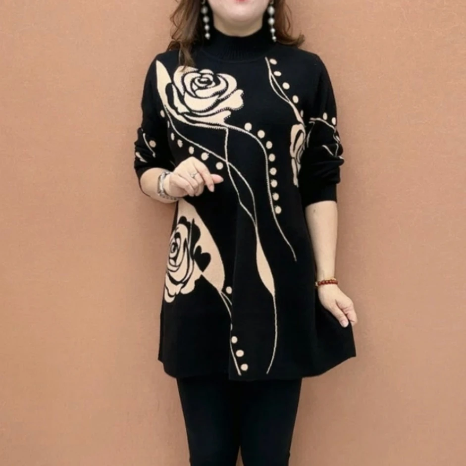 中长款时尚加厚妈妈装中老年女款针织毛衣秋冬长袖高级感圆领衣服