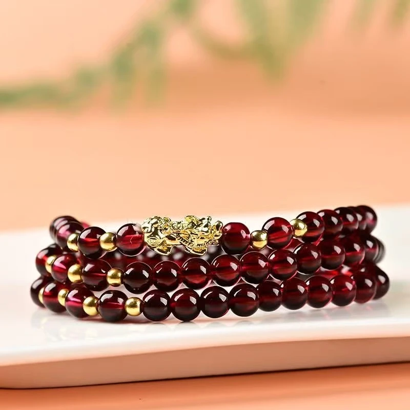 新款石榴红貔貅三圈叠戴手链S122