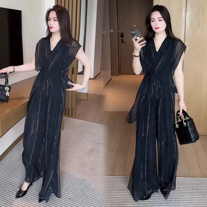 2025夏季新款短袖显瘦气质高腰垂感洋气套装女设计感雪纺两件套