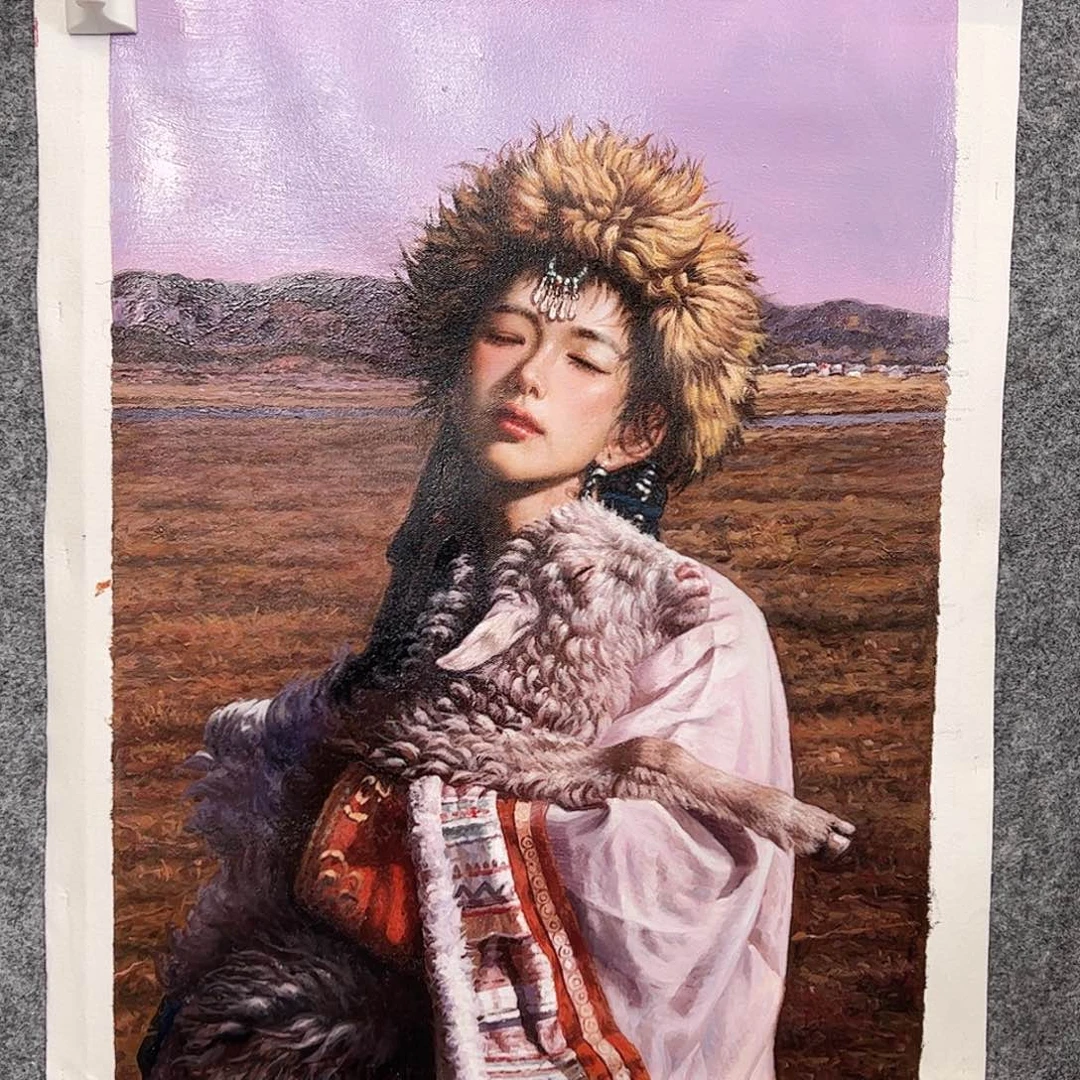 （f37570）抱羊羔女孩 书画