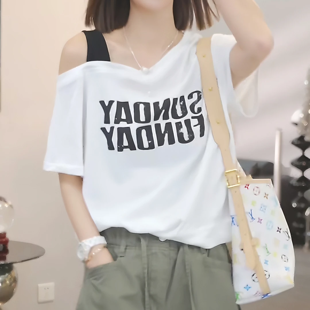 字母印花短袖t恤女2025夏季新款韩版宽松百搭吊带露肩洋气上衣潮