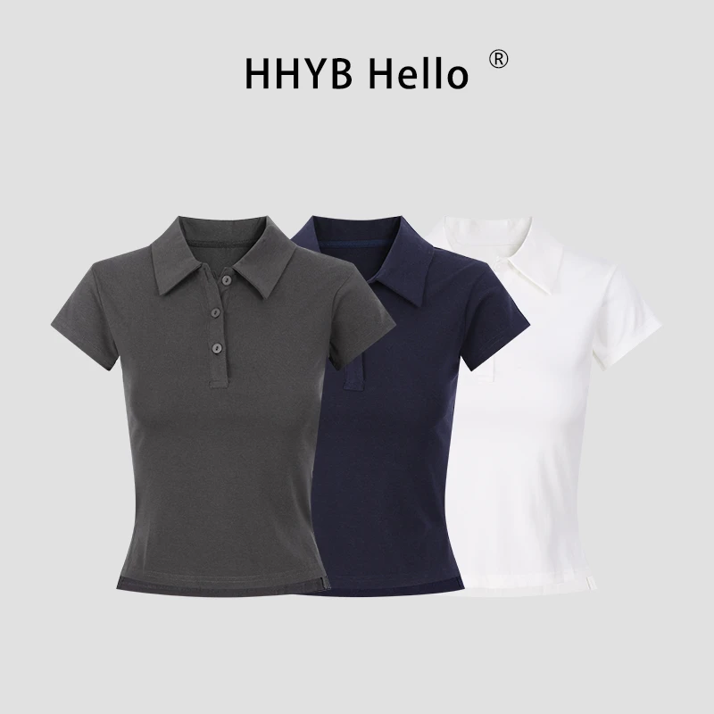 HHYB Hello纯色polo衫短袖t恤女2025夏季新款修身绝美上衣250328