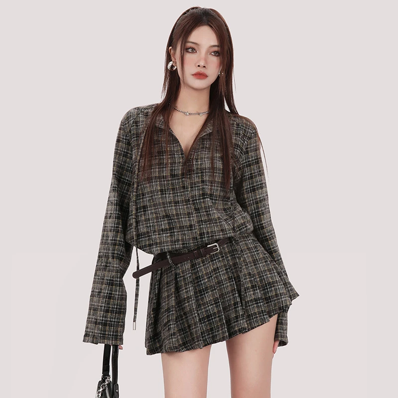 【送腰带】辣妹法式气质衬衫裙长袖格子春季连衣裙短裙女短款D0445