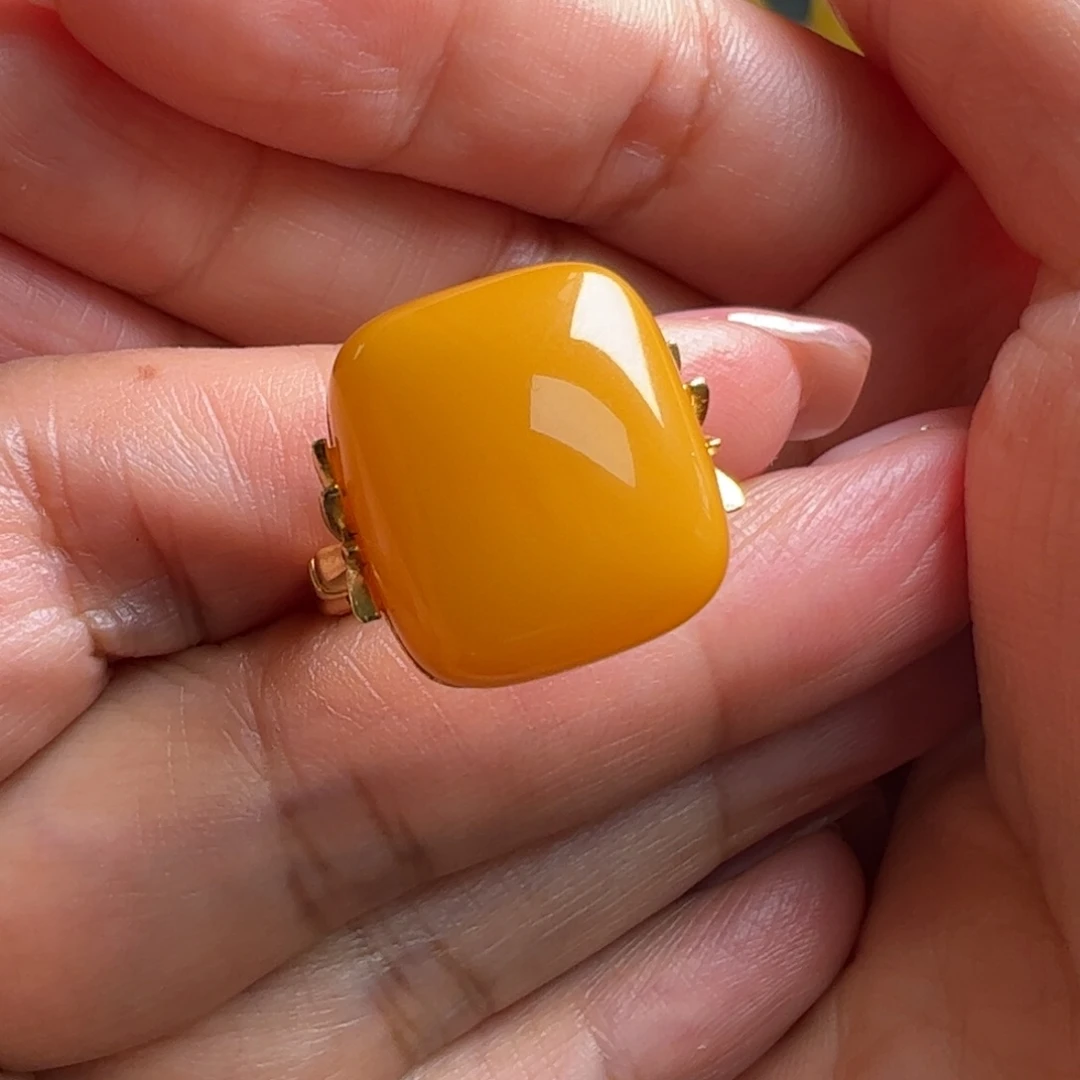 蜜蜡戒指银S925镀金镶嵌