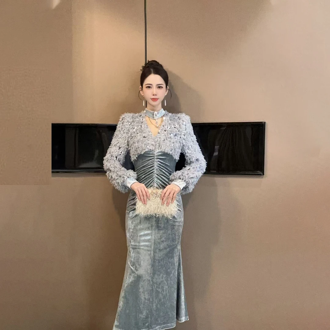 【设计师定制】新款秋冬轻奢名媛显瘦优雅高级感连衣裙70669