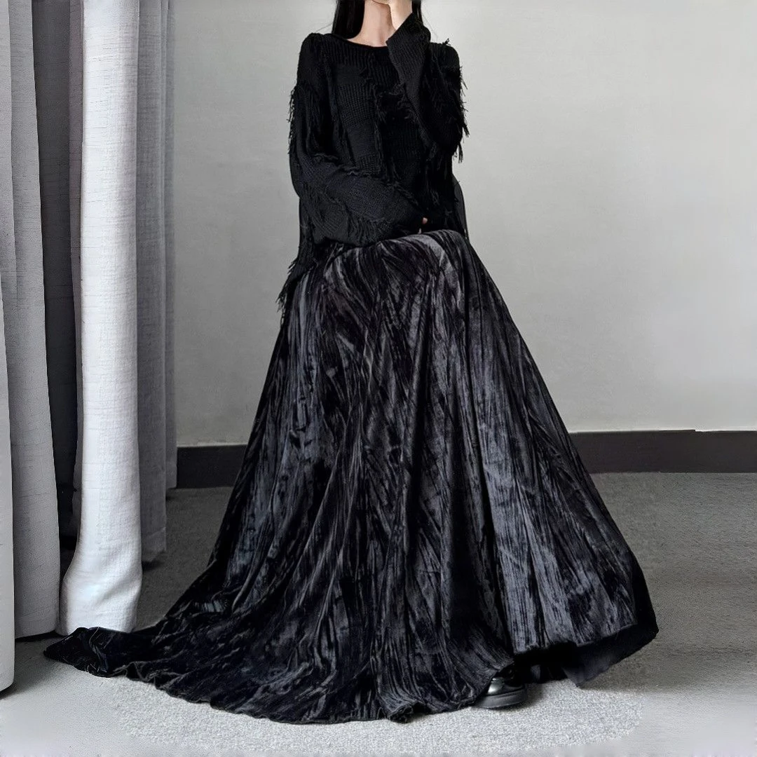 大裙摆高腰显瘦遮胯国风女丝绒长裙子女秋冬加长款半身裙加厚伞裙