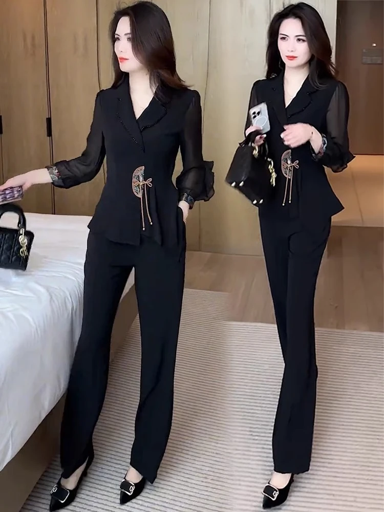 时尚套装女2025春秋季新款气质国风显瘦减龄休闲上衣直筒裤两件套