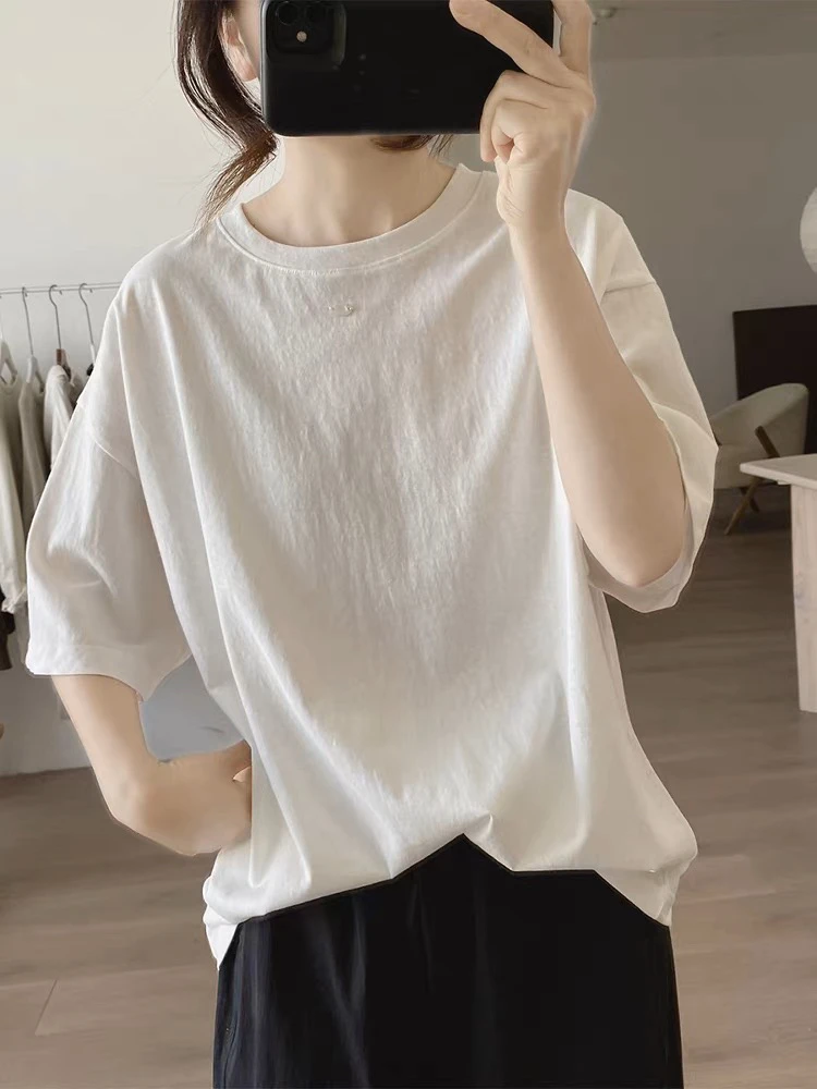 圆领t恤女式夏季新款宽松显瘦韩版简约基础款上衣棉质减龄打底衫