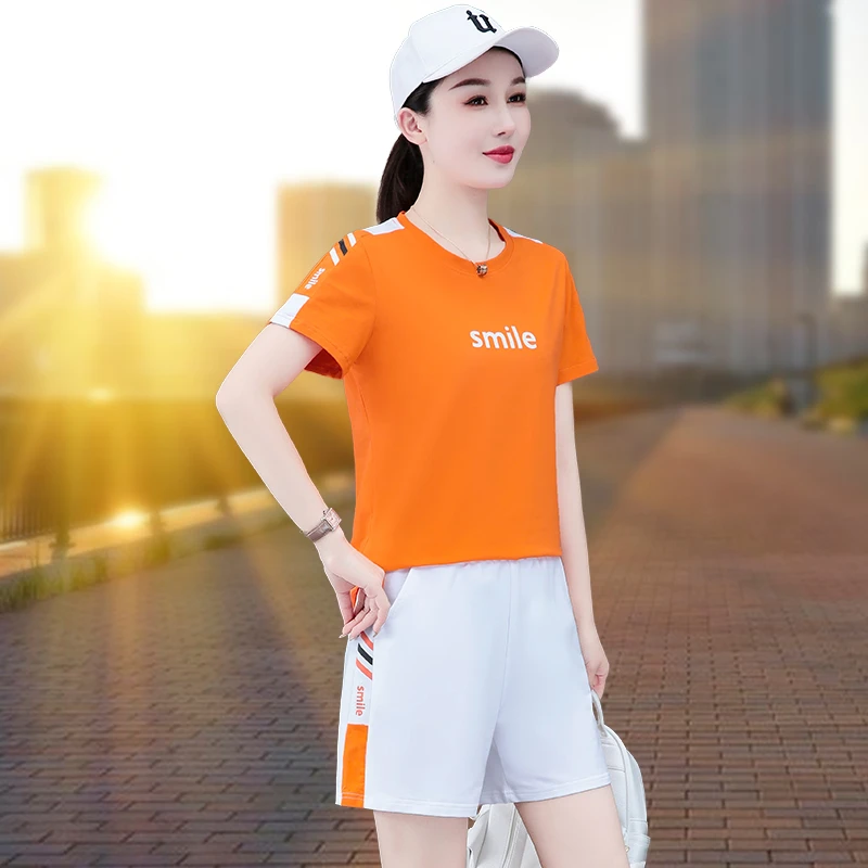 啄木鸟夏季跑步两件套2025新款休闲套装女纯棉五分裤夏装七分裤