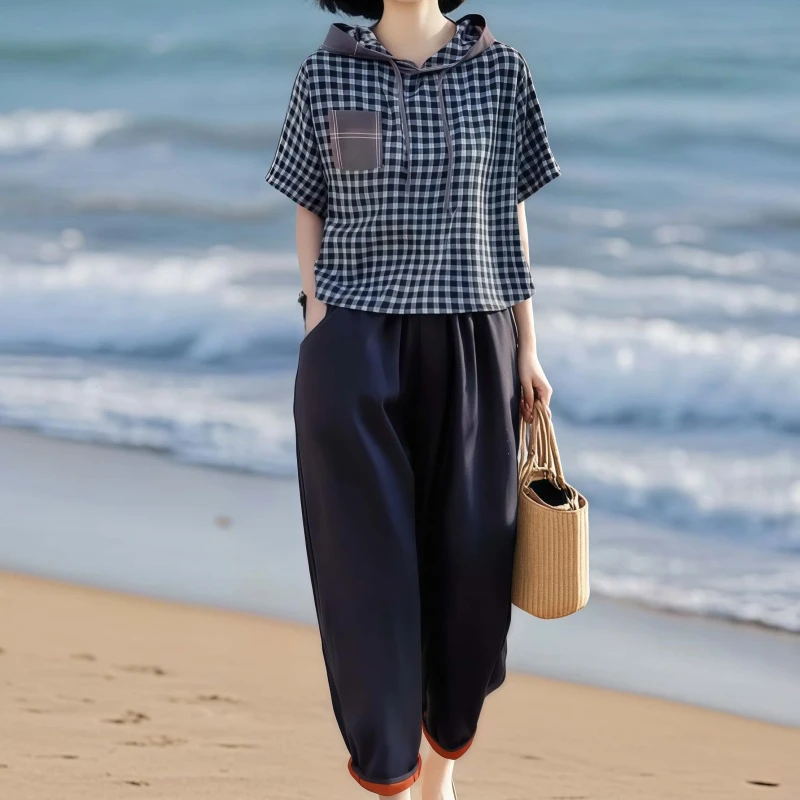 素订原创女装做旧棉质格子下摆抽绳上衣搭松紧腰宽松棉萝卜裤套装