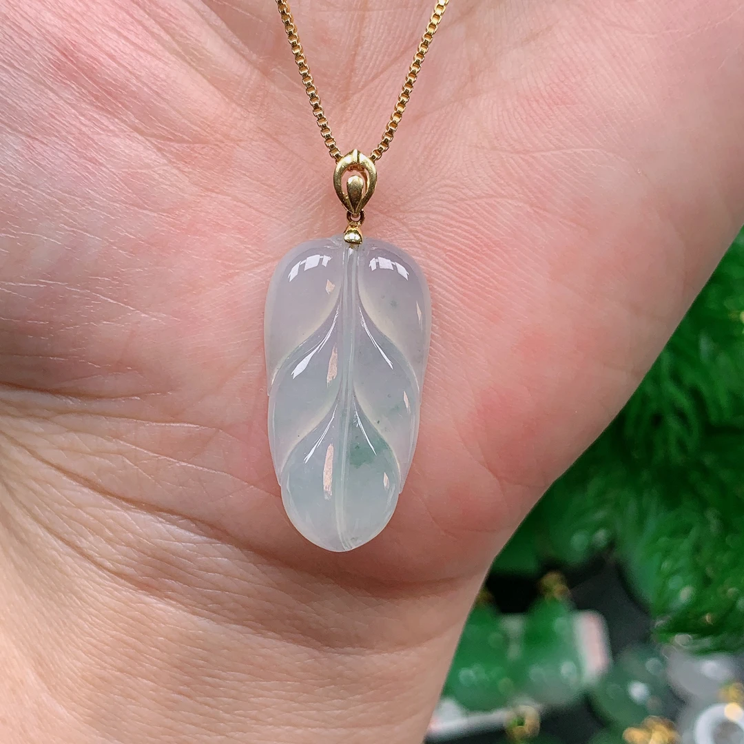 缅甸天然翡翠A货 18k金镶飘花叶子吊坠229/621尺寸26.3x13.8x4.2