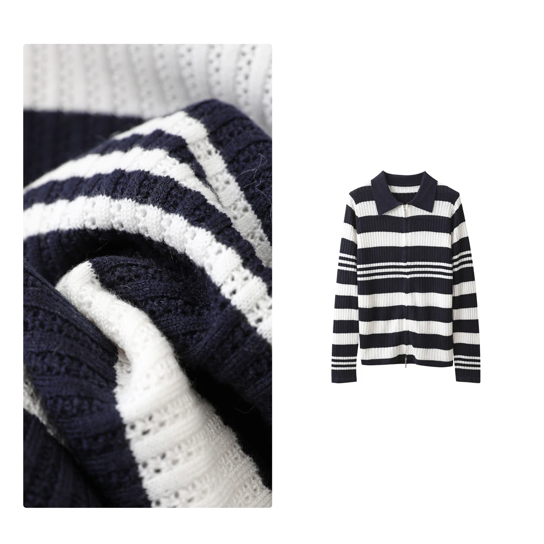 B 门店45&9！德系琎口机织！羊芼纱/条纹撞色双拉链针织衫 T4451