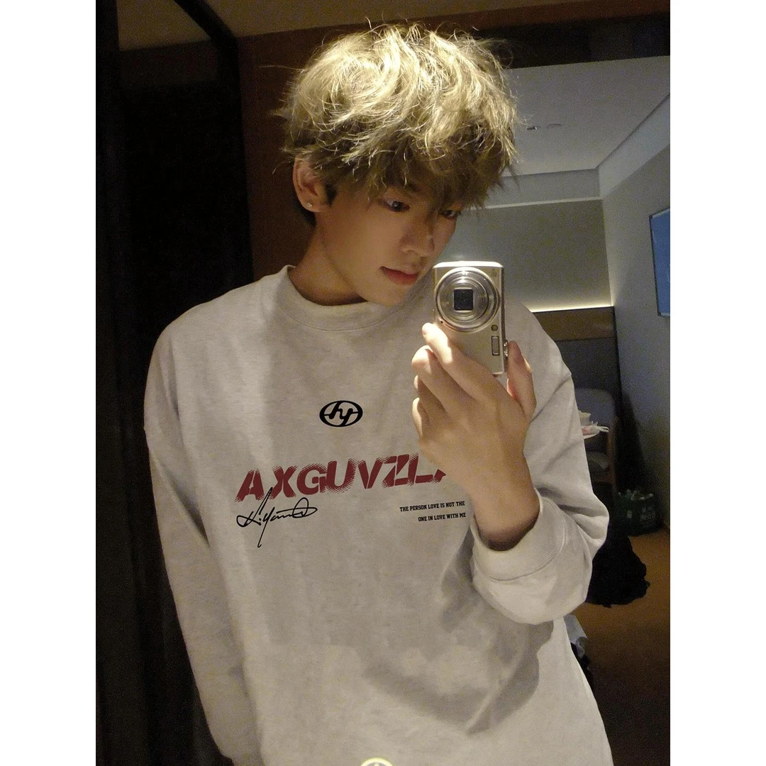 SELVFZ潮牌美式高街原创字母灰白色长袖T恤男款秋季棉重磅上衣