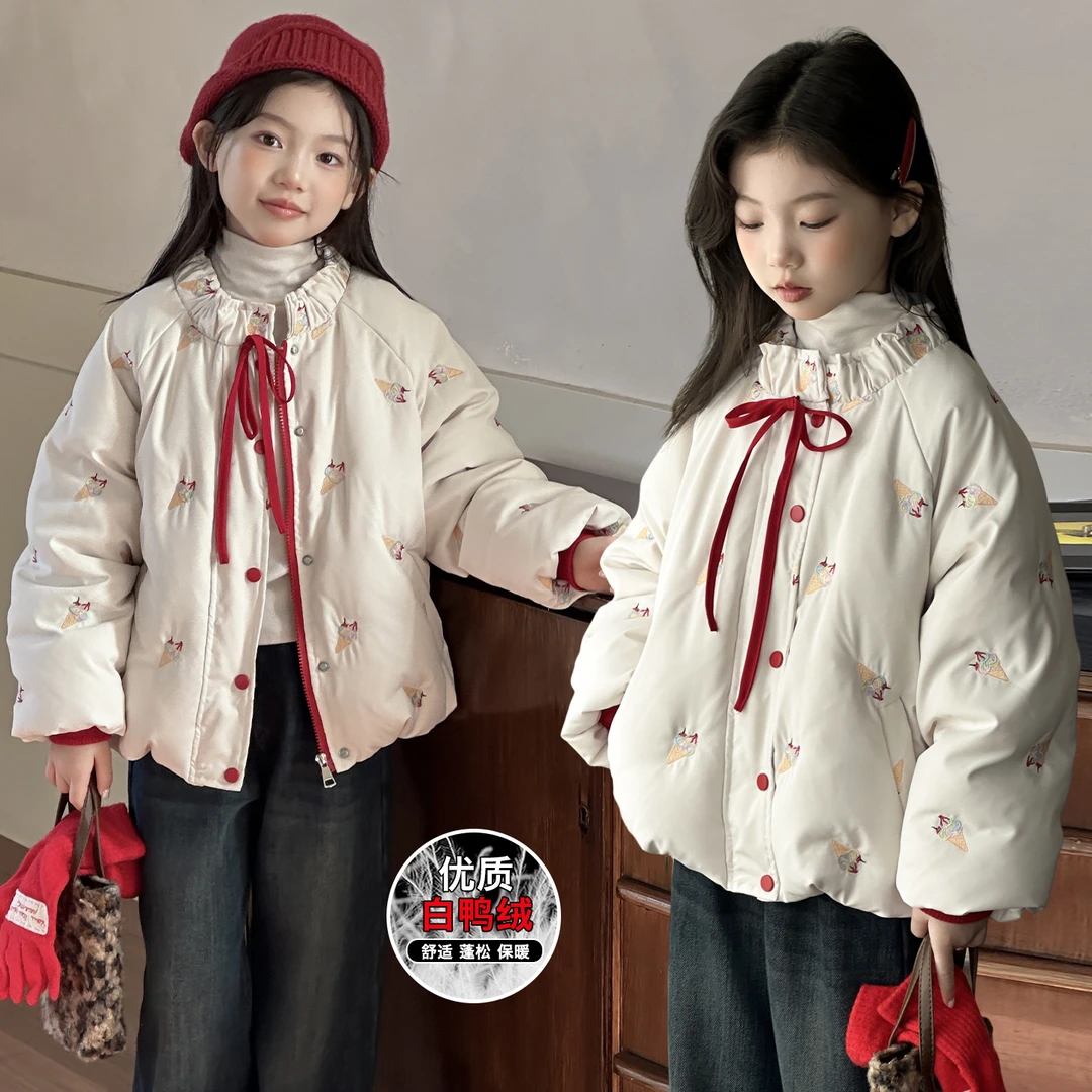 韩国童装女童羽绒服2025新款儿童秋冬短款时尚印花白鸭绒外套洋气