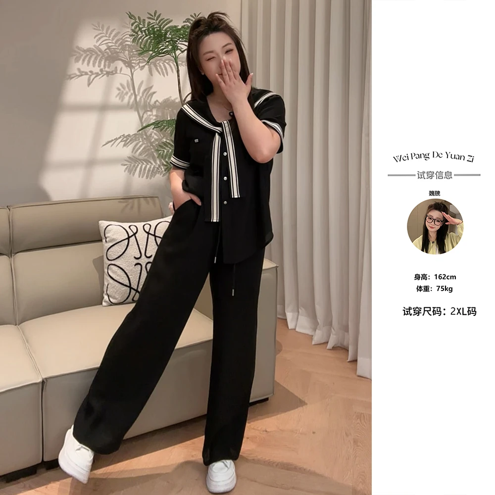 楠序魏魏【银丝竹韵】微胖女装洋气衣服女夏季显瘦时尚套装NX13510