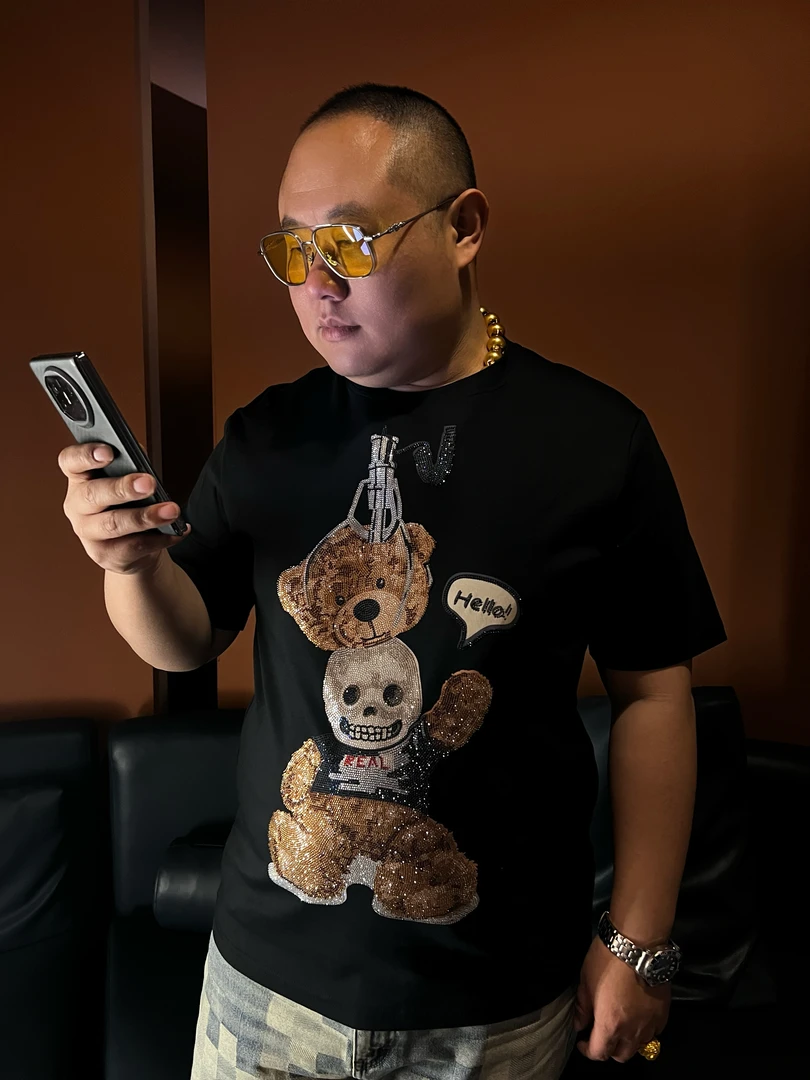 拉格费尔德潮牌圆领短袖烫钻骷髅小熊设计字母烫钻纯棉短袖B002