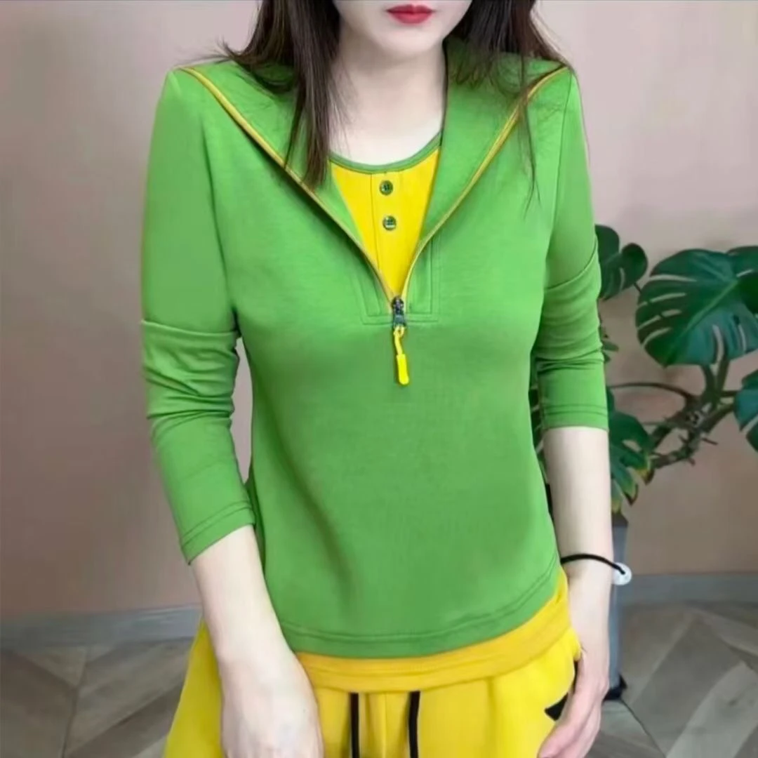 2025春秋季新款时尚显瘦半拉链长袖t恤女拼接假两件上衣