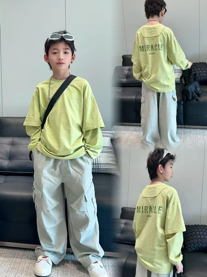 男童春季绿色假两件刺绣T恤中大童潮童装