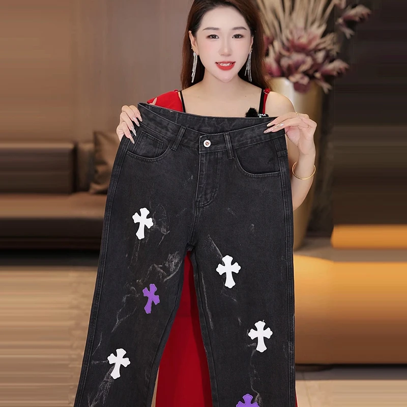 2025秋季克罗心男士牛仔裤美式高街贴花宽松休闲百搭黑色直筒裤款