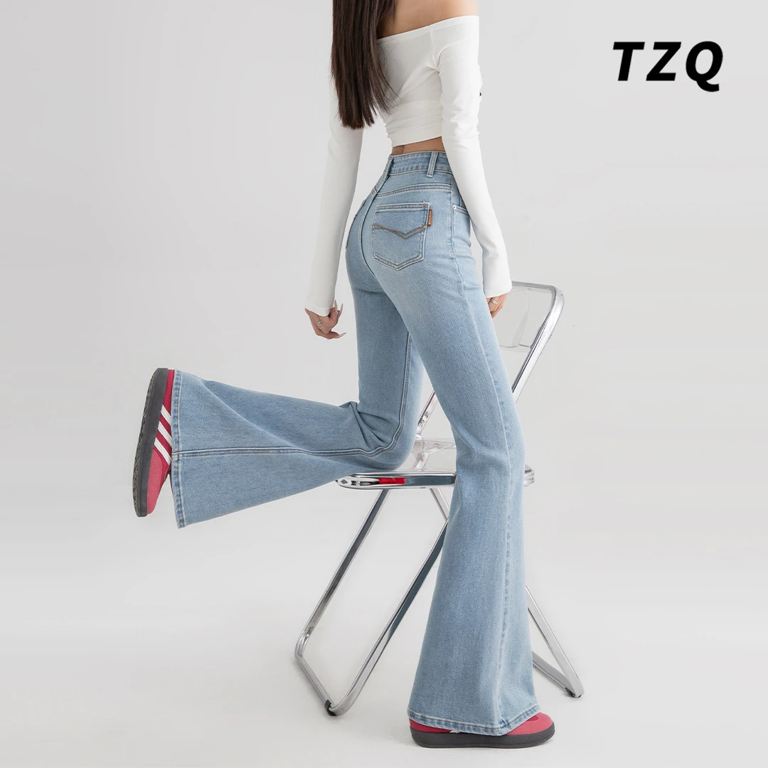 浅蓝高腰微喇牛仔裤女春秋2025新款百搭显瘦修身喇叭裤TZQ2511330