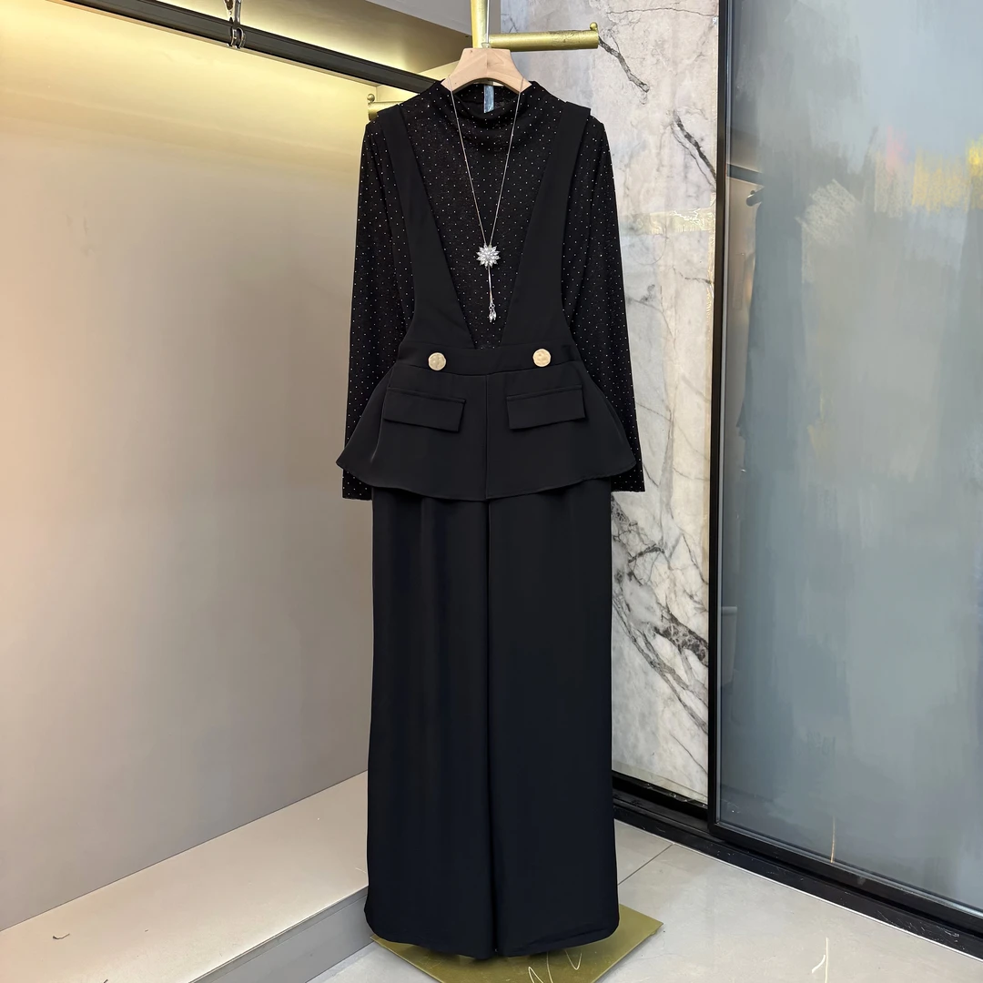 大码女装秋款气质御姐烫钻长袖打底衫背带裤胖mm时尚洋气套装9909