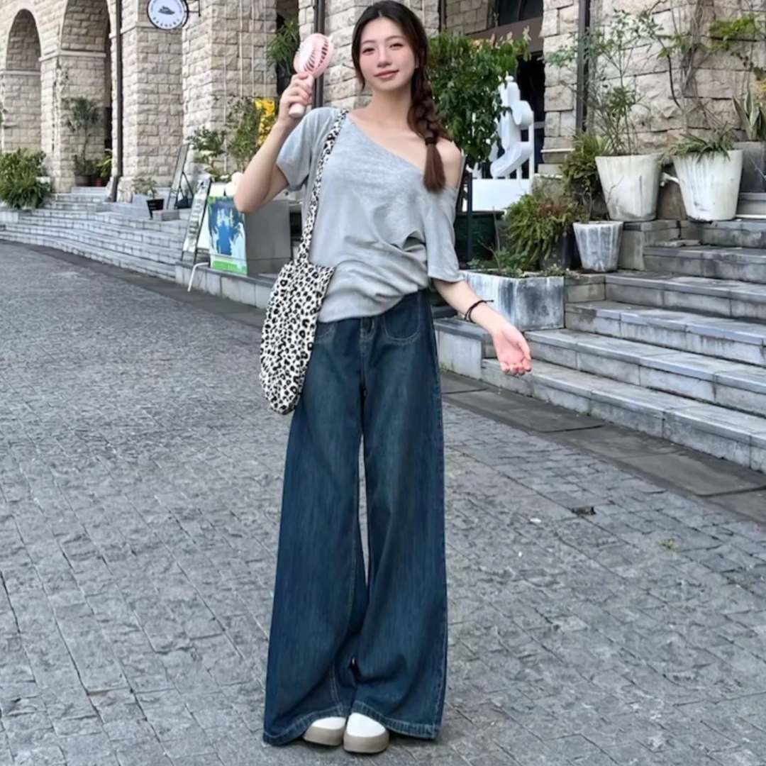 高腰阔腿牛仔裤女春秋新款复古宽松显瘦不贴腿微喇裤直筒拖地裤子