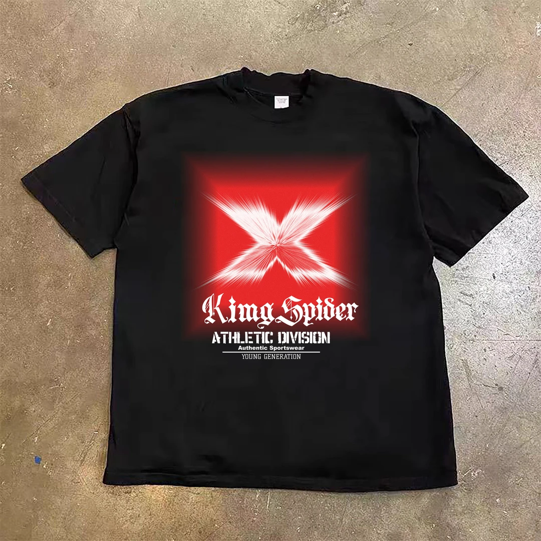 美式hiphop高街短袖纯棉T恤男士宽松重磅圆领复古街头印花上衣