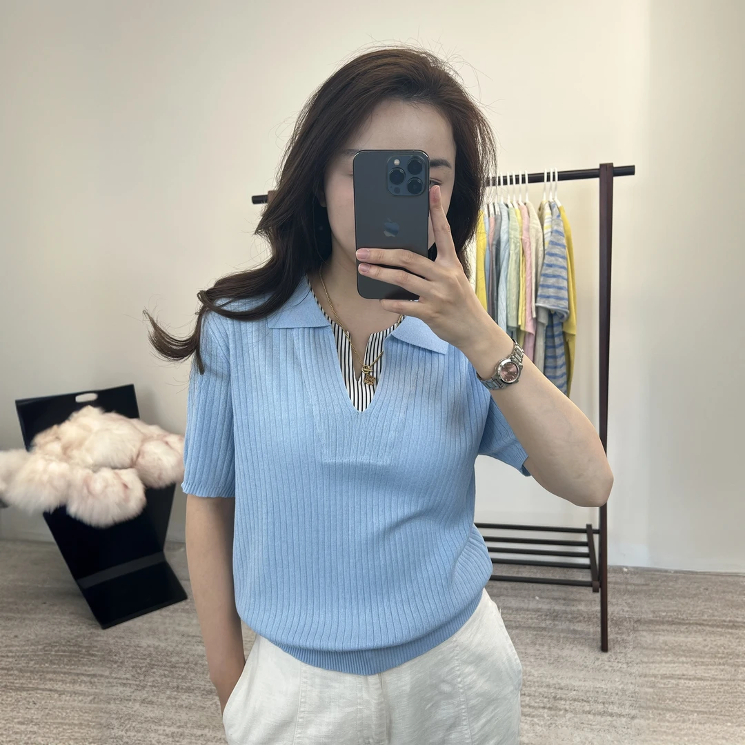 翻领假两件撞色亚麻针织上衣夏季新款冰丝短袖T恤女5609