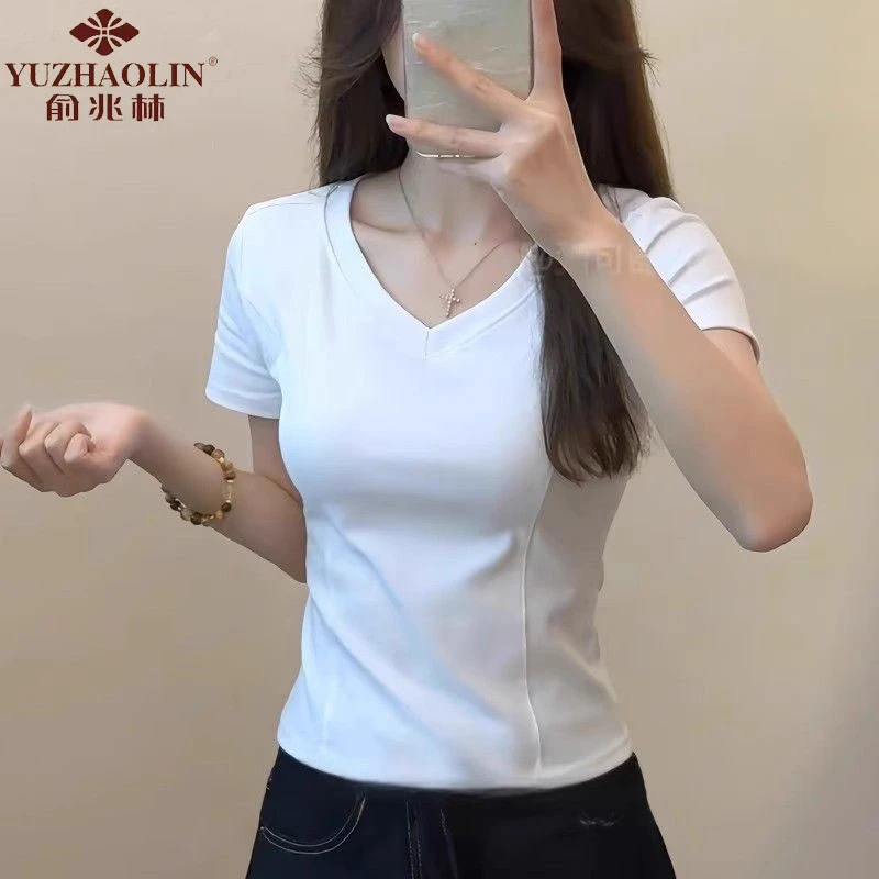 俞兆林百搭V领短袖正肩夏季t恤设计感高腰辣妹白色经典鱼骨上衣女