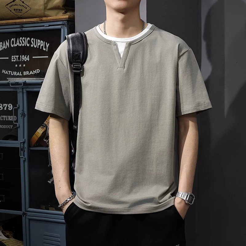 MR.MUDI/穆迪先生重磅假两件圆领短袖T恤男士2025夏季新款潮宽松