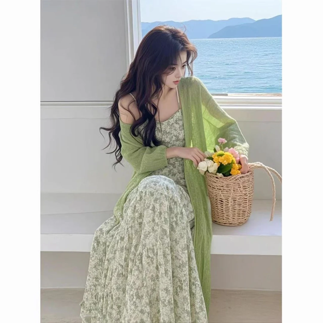 春季温柔小香风减龄甜美长款针织开衫连衣裙碎花青年穿搭