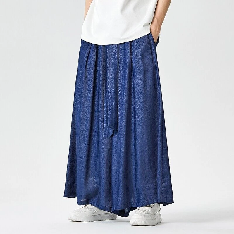 古风改良汉服裙裤男士高级垂感冰丝裤夏季中国风提花宽松明制宋裤