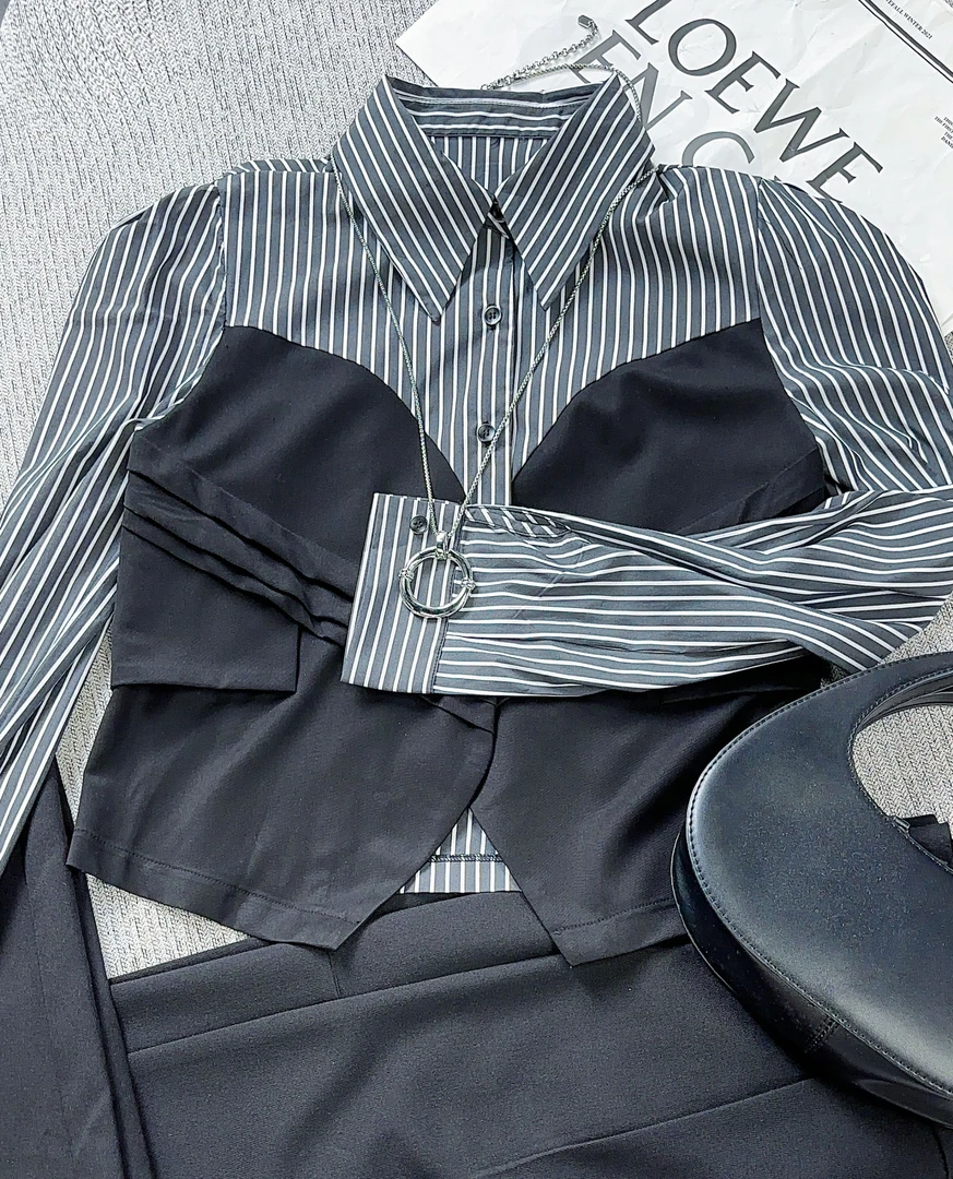 41323#春季新款翻领条纹小众衬衣宽松休闲百搭拼接假两件长袖衬衫