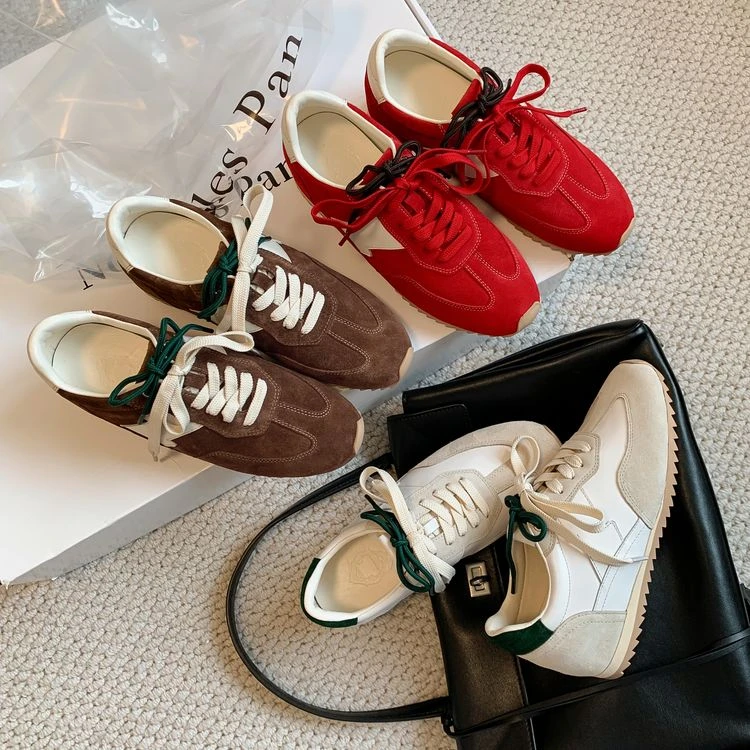 真皮德训鞋女休闲舒适跑步运动单鞋拼色平底双系带单鞋时尚百搭