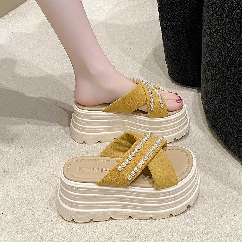 松糕厚底凉拖鞋女夏外穿2025新款增高配裙子轻便时尚沙滩交叉拖鞋