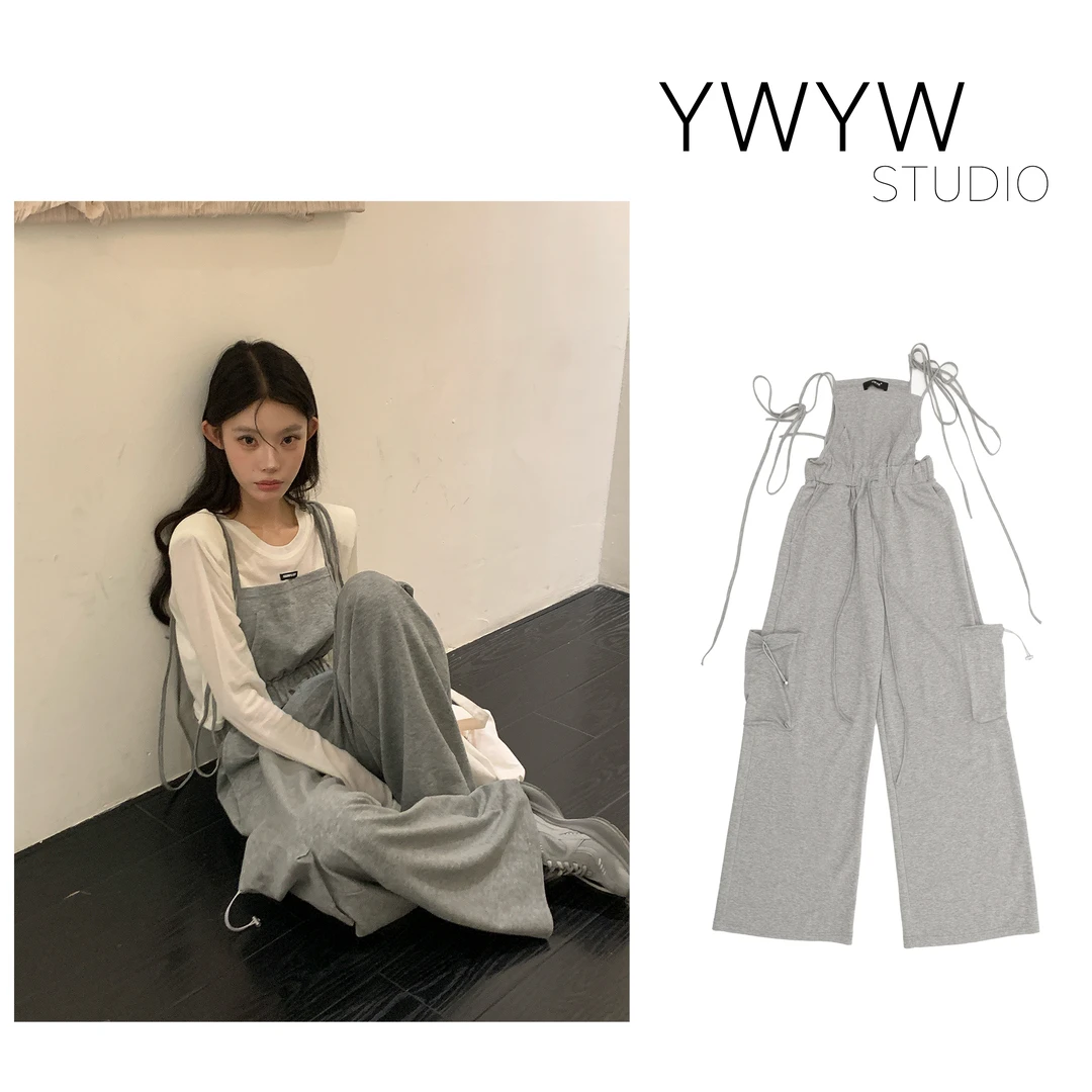 【YWYW25S/S】春夏ins风百搭休闲绑带吊带一体宽松阔腿背带裤5090