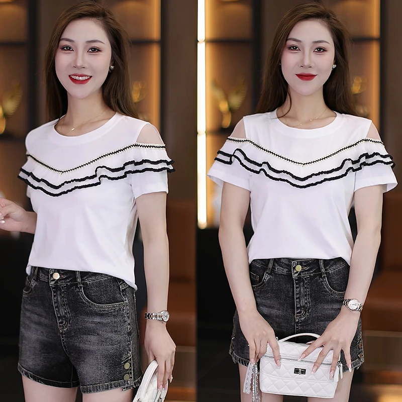 常规设计感短袖复古港风拼接白色宽松百搭夏季荷叶边时尚T恤