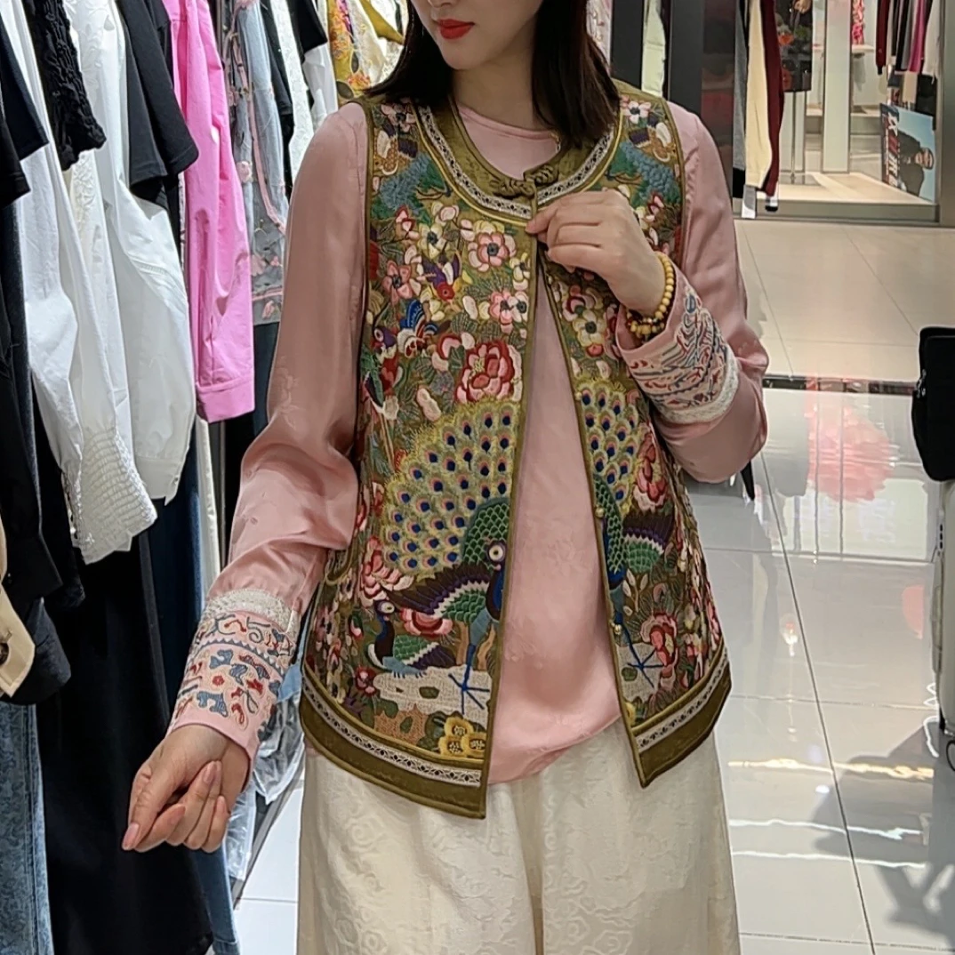 罗曼施25023通勤风拼接夏季女复古刺绣马夹圆领双面单排扣中式