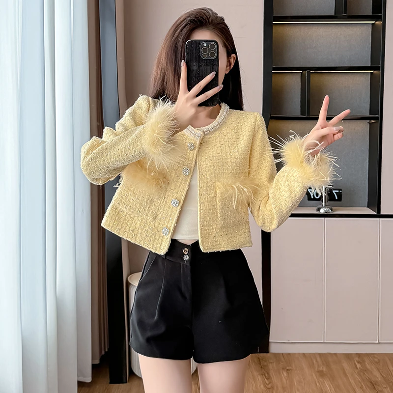 小香风鸵鸟毛外套女2025新款秋冬独特超好看时尚洋气上衣