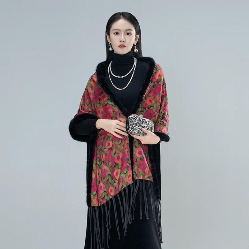 青娘子香云纱花萝拼接水貂毛双面百搭保暖秋冬时尚披肩爆款-41241