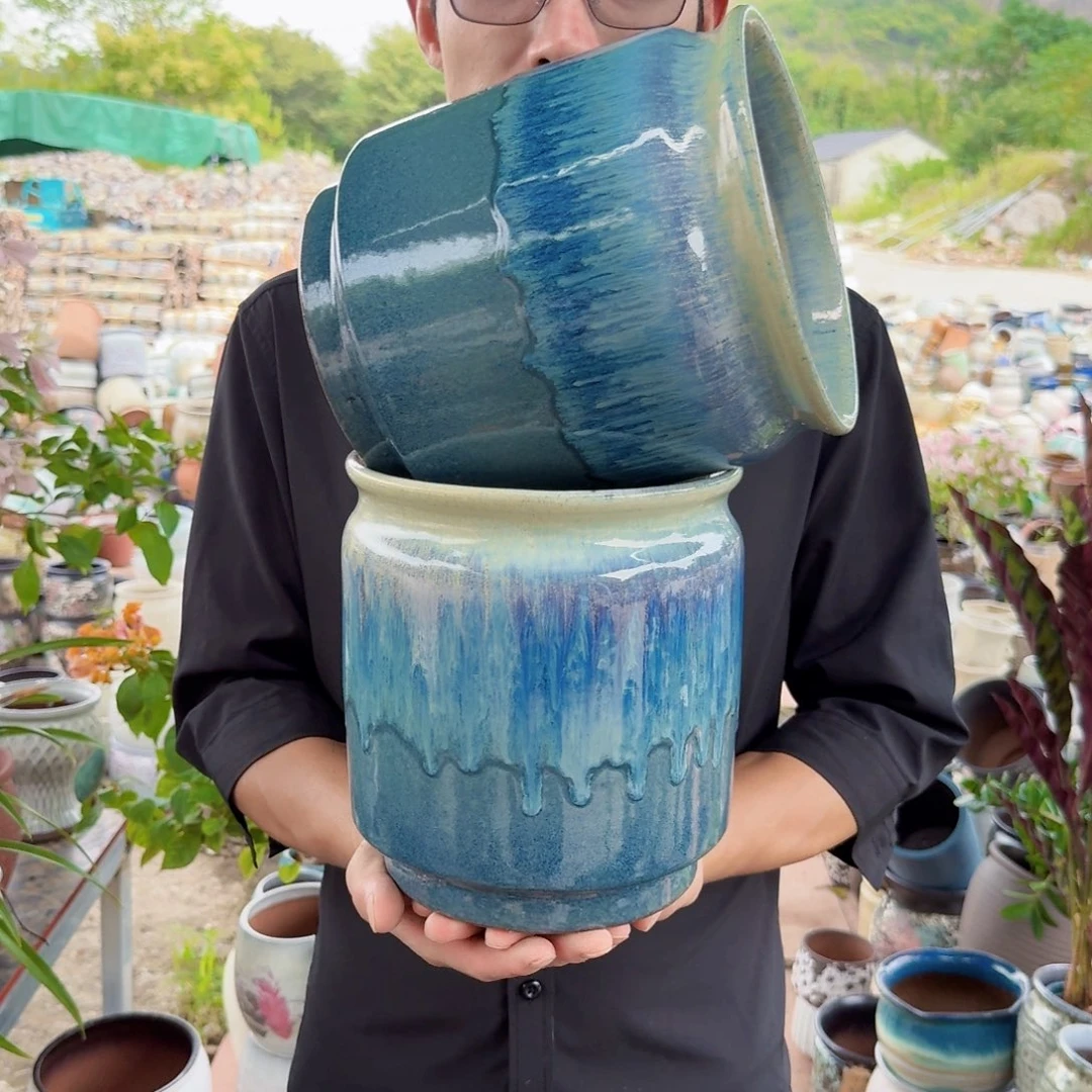 紫砂花盆口18高21（直筒蓝两个