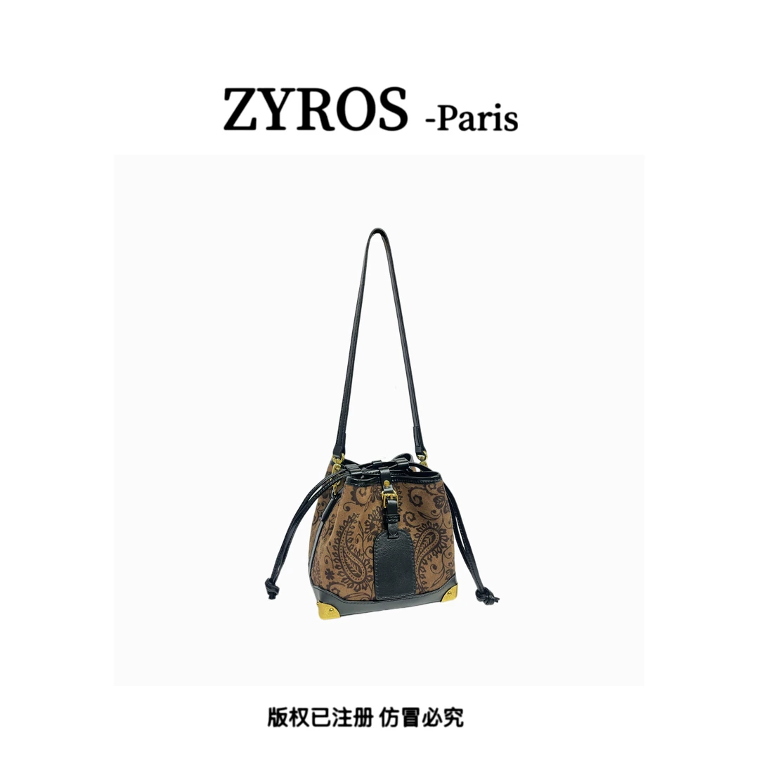 ZYROS/秋冬新款棕色刺绣高级感经典时尚百搭单肩斜跨水桶包女Z504