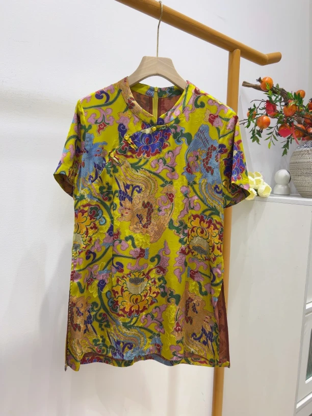 新中式香云纱波缎凤舞九天设计短袖显瘦中长连衣裙