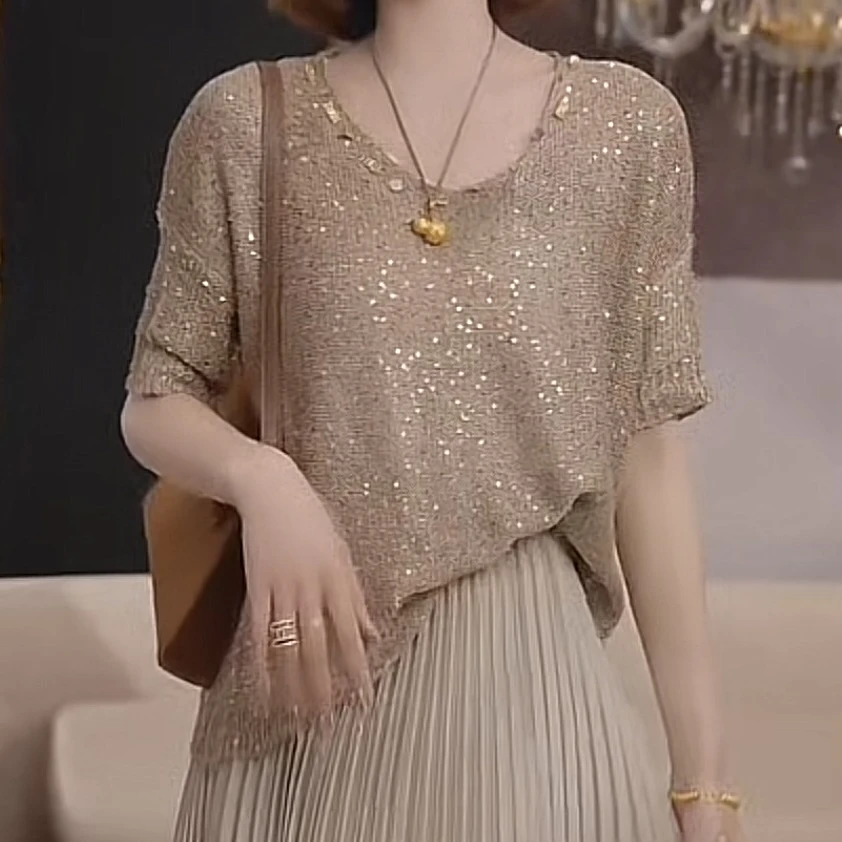 法式优雅～2025春夏高定亮片点缀轻奢风气质针织衫女显瘦洋气9124