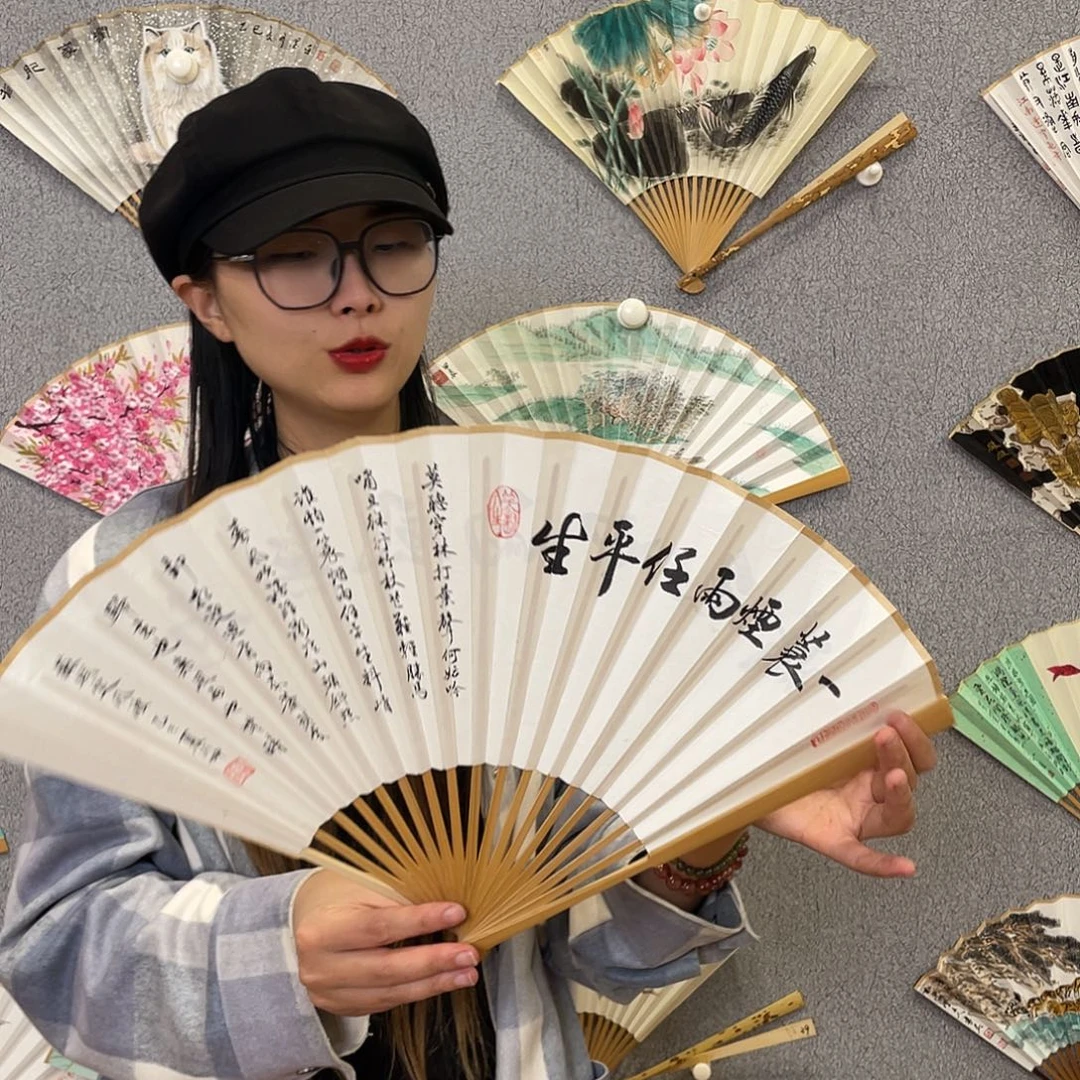 书法95寸玉竹-纯手绘-文玩扇骨（默认粘好）