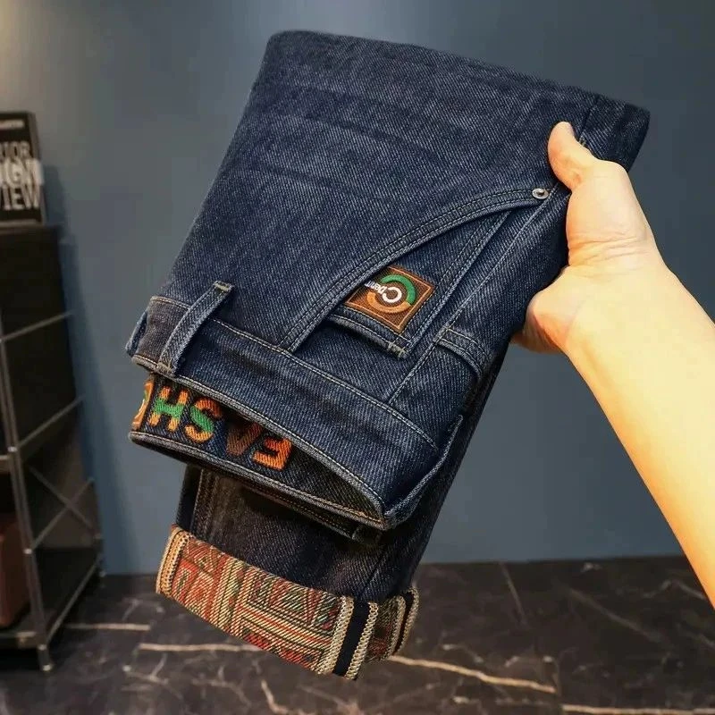 秋季新款男士印花修身直筒潮牌细斜纹舒适百搭亲肤显高时尚牛仔裤