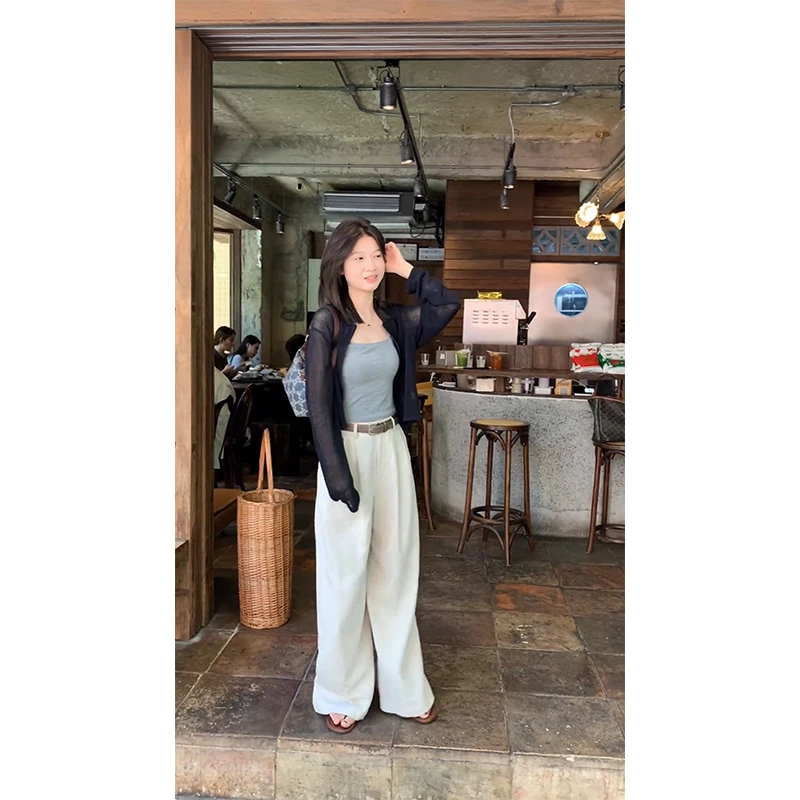 夏季时尚一整套女装2025新款百搭吊带短款开衫高腰休闲裤三件套潮