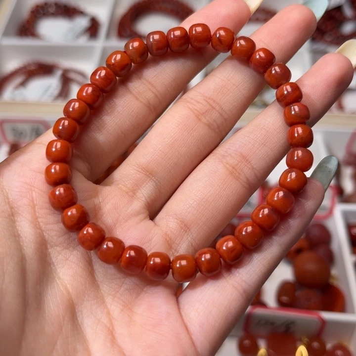 南红玛瑙未镶嵌手链柿子红玫红6.5+mm老型