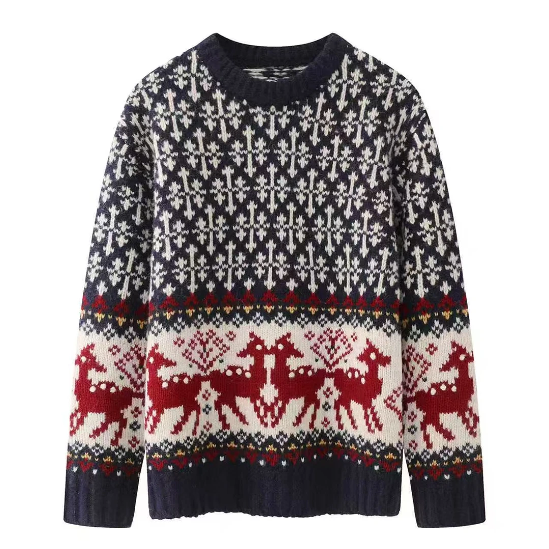 DM139-2025冬季新款时尚百搭宽松费尔岛毛衣卡通提花针织