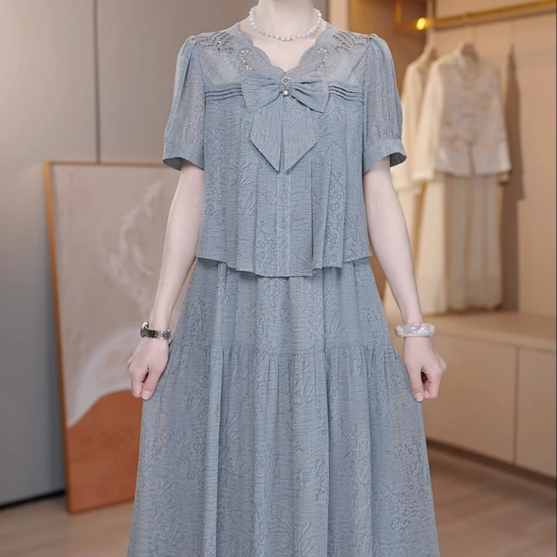 A170#夏季新款气质蝴蝶结假两件连衣裙遮肉显瘦A摆裙